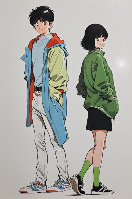 23643-3065149306-1girl, 1boy, black hair, pants, socks, looking back, skirt, shoes, jacket, black skirt, black footwear, hands in pockets, lookin.png